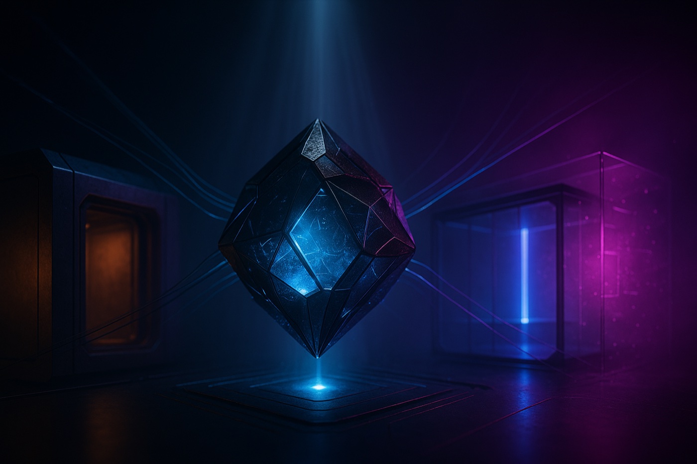 A single luminous engine core radiating into three distinct architectural shells