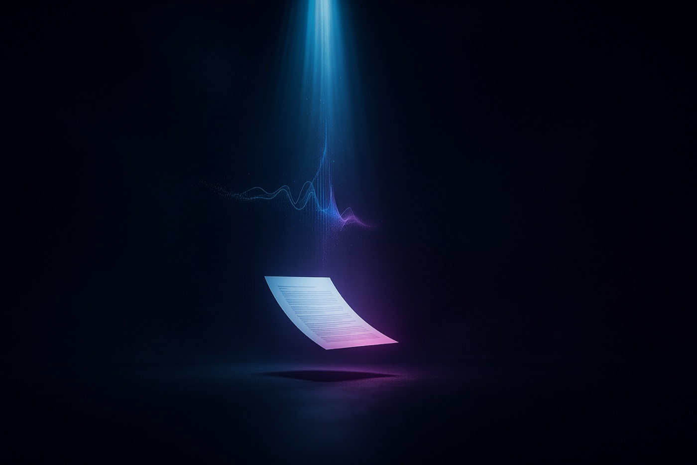 A beam of light and a soundwave condensing into a single finished sheet of work
