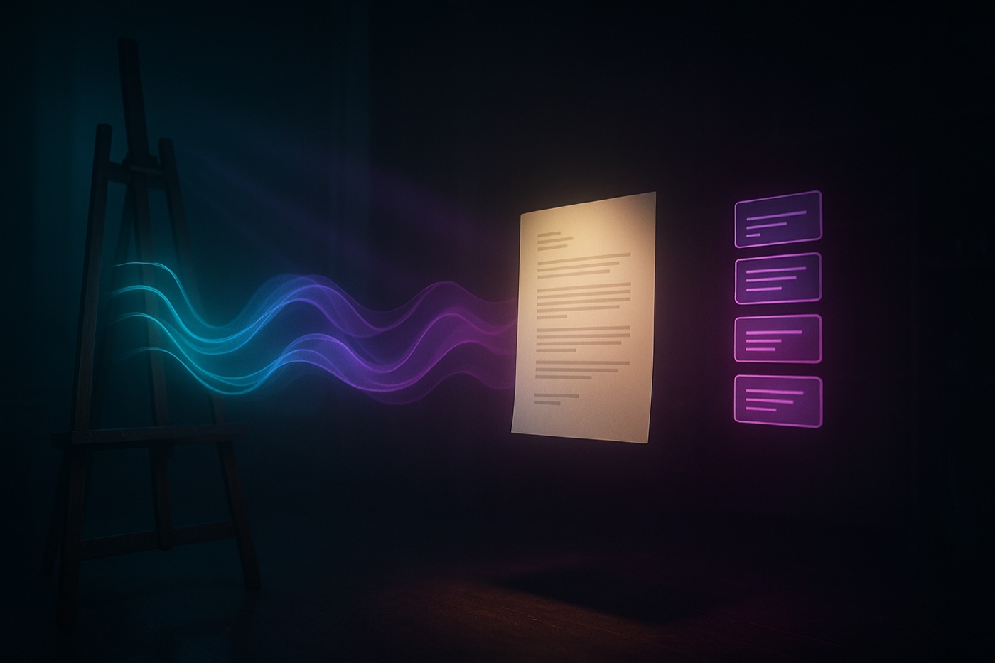 An easel streaming ribbons of light into a finished page, with specialist cards docking alongside