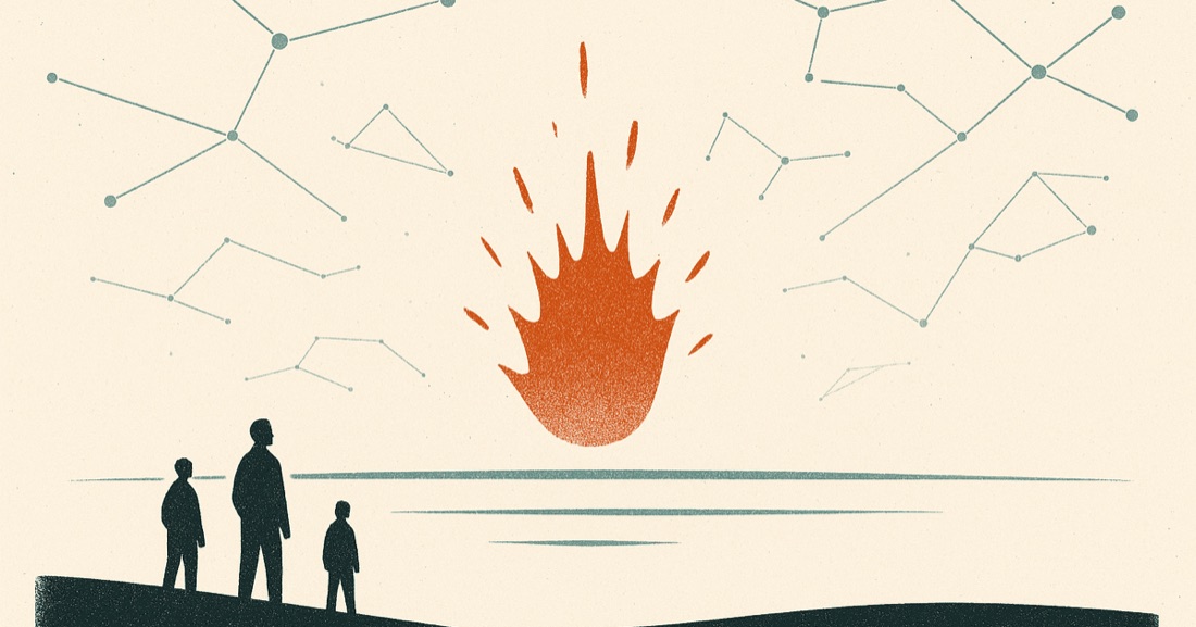 nosource.ai — figures beneath a signal fire and a sky of constellations