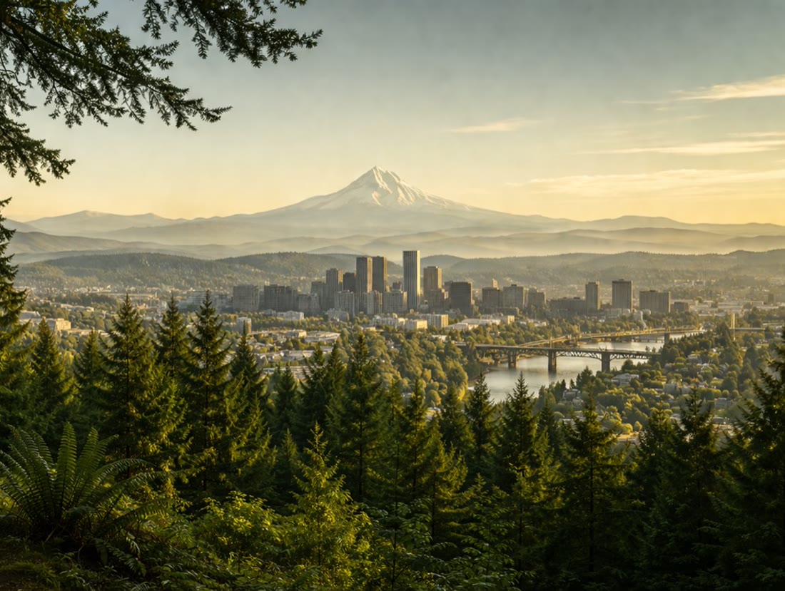 The Webspinner Foundation — Mount Hood over the Portland skyline, framed by old-growth forest